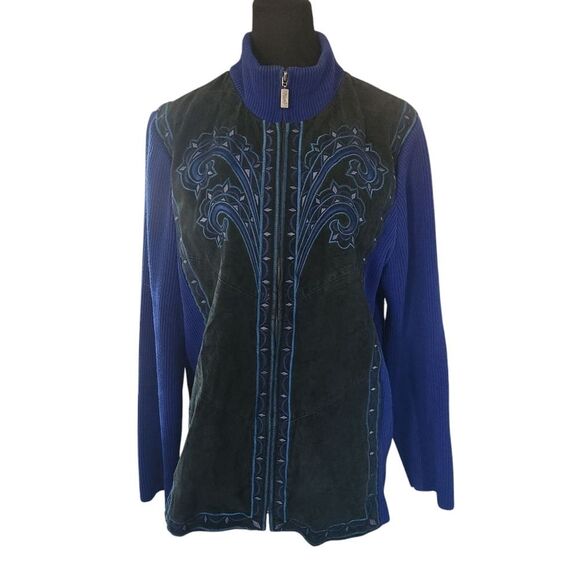 Bob Mackie Leather Jacket Womens XL Sweater Blue Black Embroidered Zip Vintage - Picture 2 of 9